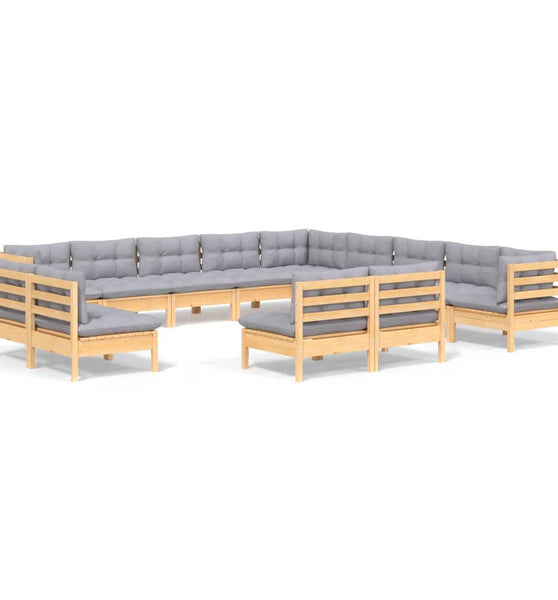13-tlg. Garten-Lounge-Set mit Grauen Kissen Massivholz Kiefer