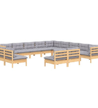 13-tlg. Garten-Lounge-Set mit Grauen Kissen Massivholz Kiefer