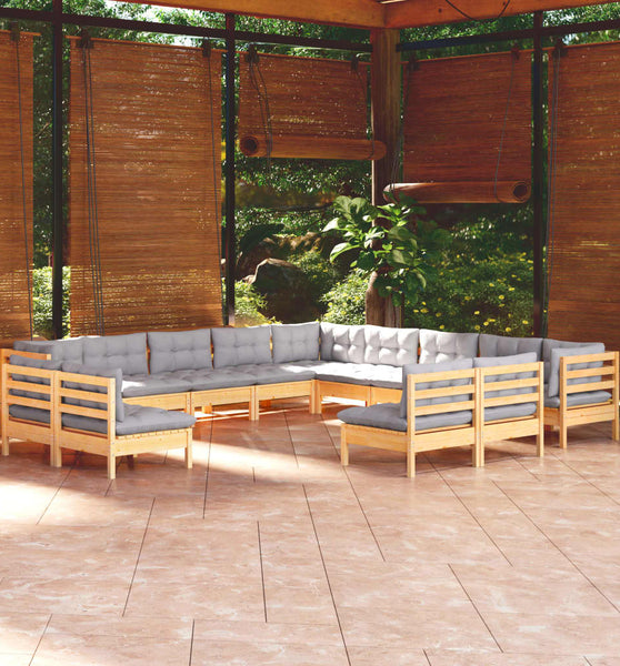 13-tlg. Garten-Lounge-Set mit Grauen Kissen Massivholz Kiefer