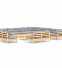14-tlg. Garten-Lounge-Set mit Grauen Kissen Massivholz Kiefer