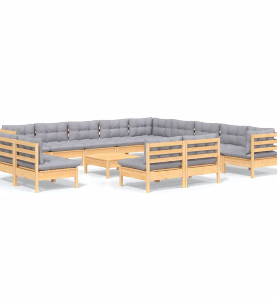 14-tlg. Garten-Lounge-Set mit Grauen Kissen Massivholz Kiefer