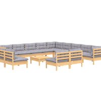 14-tlg. Garten-Lounge-Set mit Grauen Kissen Massivholz Kiefer