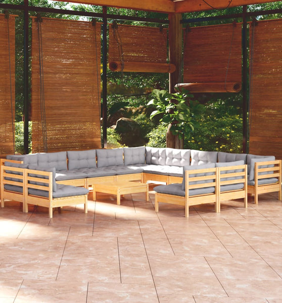 14-tlg. Garten-Lounge-Set mit Grauen Kissen Massivholz Kiefer