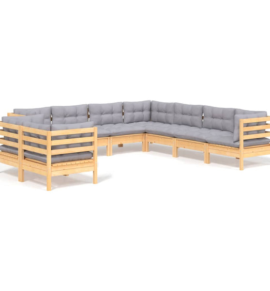 9-tlg. Garten-Lounge-Set mit Grauen Kissen Massivholz Kiefer