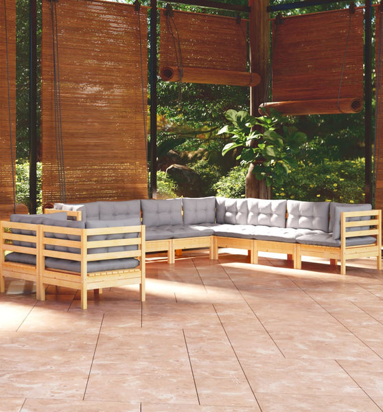 9-tlg. Garten-Lounge-Set mit Grauen Kissen Massivholz Kiefer