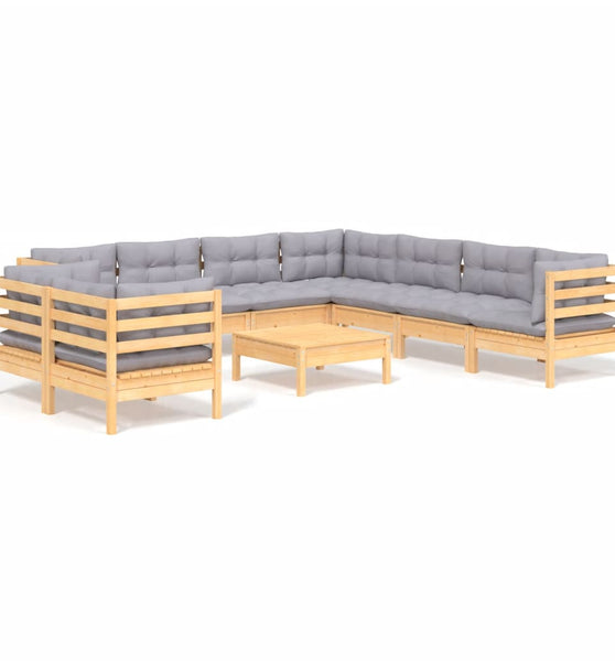 10-tlg. Garten-Lounge-Set mit Grauen Kissen Massivholz Kiefer