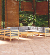 10-tlg. Garten-Lounge-Set mit Grauen Kissen Massivholz Kiefer