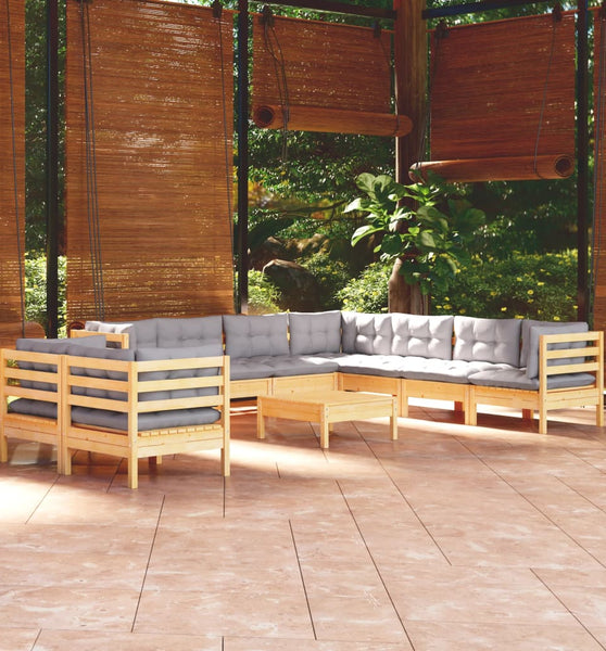 10-tlg. Garten-Lounge-Set mit Grauen Kissen Massivholz Kiefer