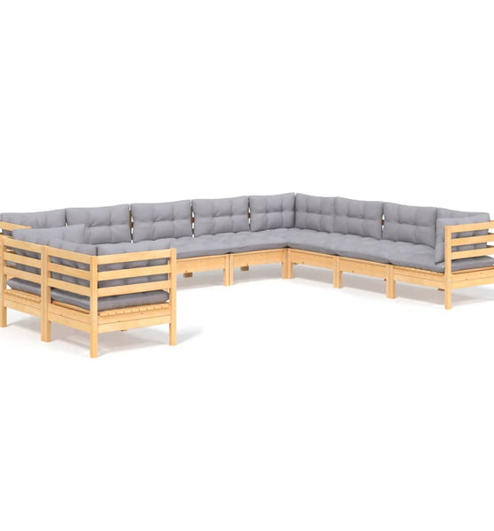 10-tlg. Garten-Lounge-Set mit Grauen Kissen Massivholz Kiefer