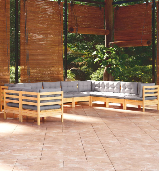 10-tlg. Garten-Lounge-Set mit Grauen Kissen Massivholz Kiefer