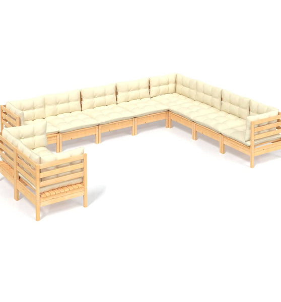 10-tlg. Garten-Lounge-Set mit Creme Kissen Massivholz Kiefer