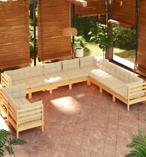 10-tlg. Garten-Lounge-Set mit Creme Kissen Massivholz Kiefer