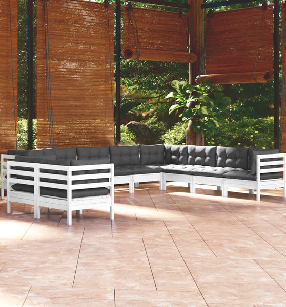 10-tlg. Garten-Lounge-Set mit Kissen Weiß Massivholz Kiefer