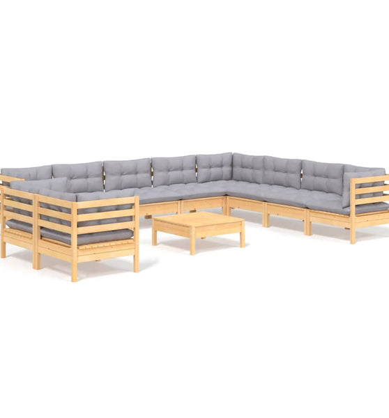 11-tlg. Garten-Lounge-Set mit Grauen Kissen Massivholz Kiefer