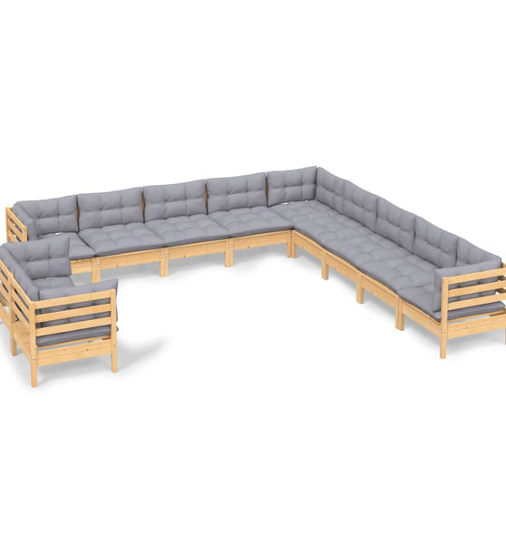 11-tlg. Garten-Lounge-Set mit Grauen Kissen Massivholz Kiefer
