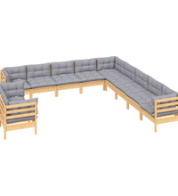 11-tlg. Garten-Lounge-Set mit Grauen Kissen Massivholz Kiefer