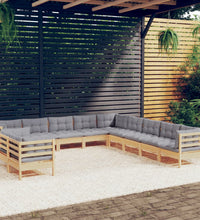 11-tlg. Garten-Lounge-Set mit Grauen Kissen Massivholz Kiefer