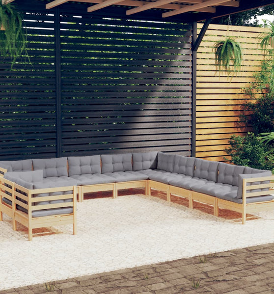 11-tlg. Garten-Lounge-Set mit Grauen Kissen Massivholz Kiefer