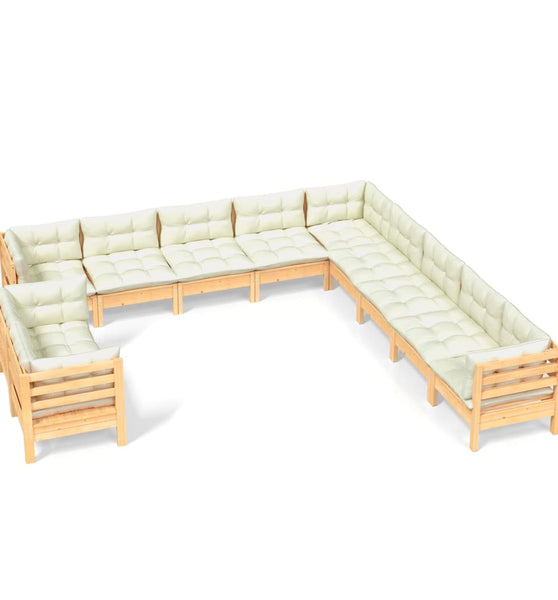 11-tlg. Garten-Lounge-Set mit Creme Kissen Massivholz Kiefer