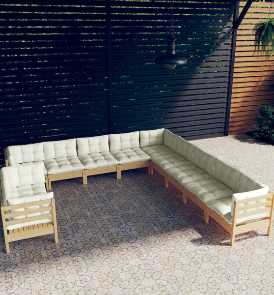 11-tlg. Garten-Lounge-Set mit Creme Kissen Massivholz Kiefer