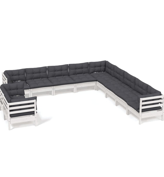 11-tlg. Garten-Lounge-Set mit Kissen Weiß Massivholz Kiefer