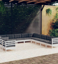 11-tlg. Garten-Lounge-Set mit Kissen Weiß Massivholz Kiefer