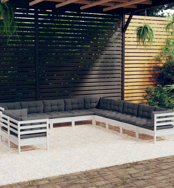11-tlg. Garten-Lounge-Set mit Kissen Weiß Massivholz Kiefer