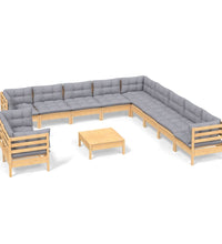 12-tlg. Garten-Lounge-Set mit Grauen Kissen Massivholz Kiefer