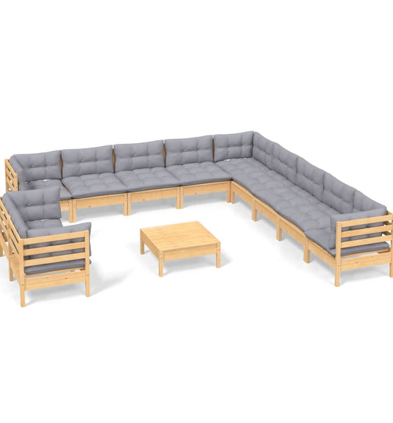 12-tlg. Garten-Lounge-Set mit Grauen Kissen Massivholz Kiefer