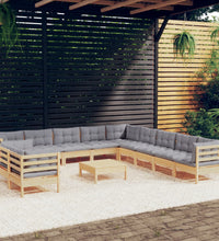 12-tlg. Garten-Lounge-Set mit Grauen Kissen Massivholz Kiefer