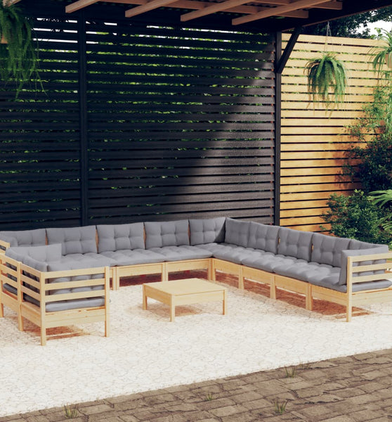 12-tlg. Garten-Lounge-Set mit Grauen Kissen Massivholz Kiefer