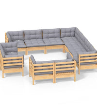 11-tlg. Garten-Lounge-Set mit Grauen Kissen Massivholz Kiefer