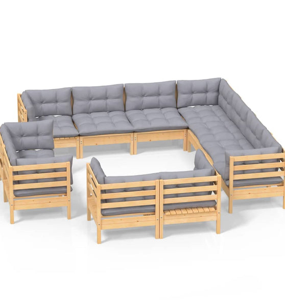 11-tlg. Garten-Lounge-Set mit Grauen Kissen Massivholz Kiefer