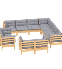 11-tlg. Garten-Lounge-Set mit Grauen Kissen Massivholz Kiefer