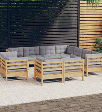 11-tlg. Garten-Lounge-Set mit Grauen Kissen Massivholz Kiefer