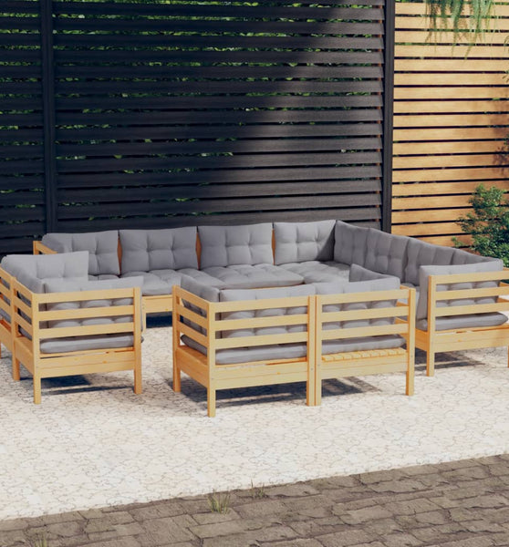 11-tlg. Garten-Lounge-Set mit Grauen Kissen Massivholz Kiefer