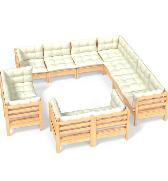 11-tlg. Garten-Lounge-Set mit Creme Kissen Massivholz Kiefer