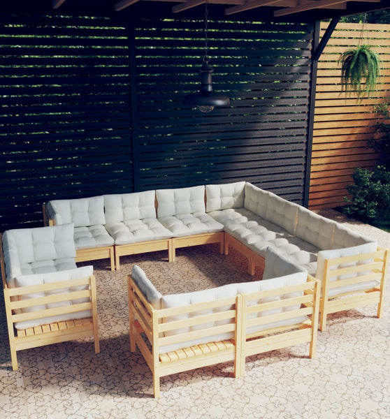 11-tlg. Garten-Lounge-Set mit Creme Kissen Massivholz Kiefer