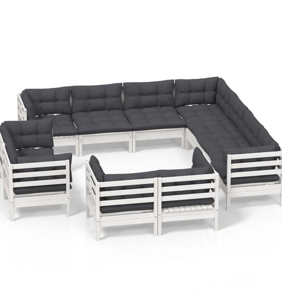 11-tlg. Garten-Lounge-Set mit Kissen Weiß Massivholz Kiefer