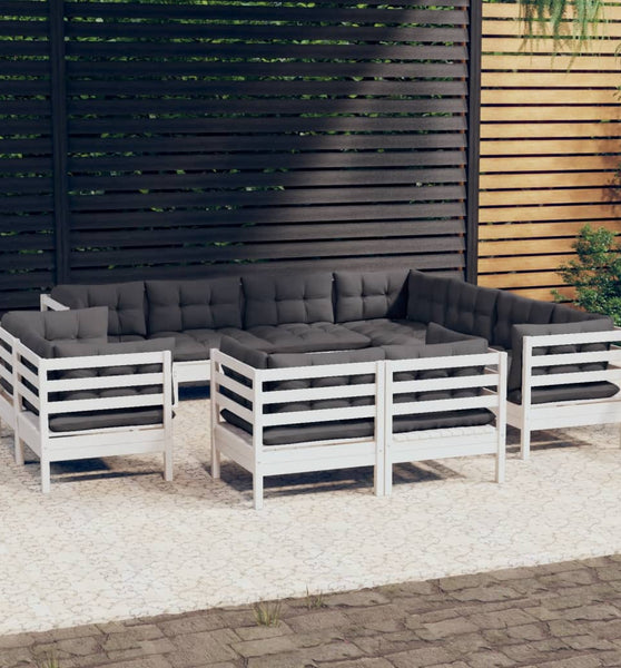 11-tlg. Garten-Lounge-Set mit Kissen Weiß Massivholz Kiefer