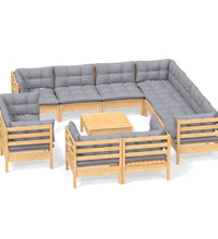 12-tlg. Garten-Lounge-Set mit Grauen Kissen Massivholz Kiefer