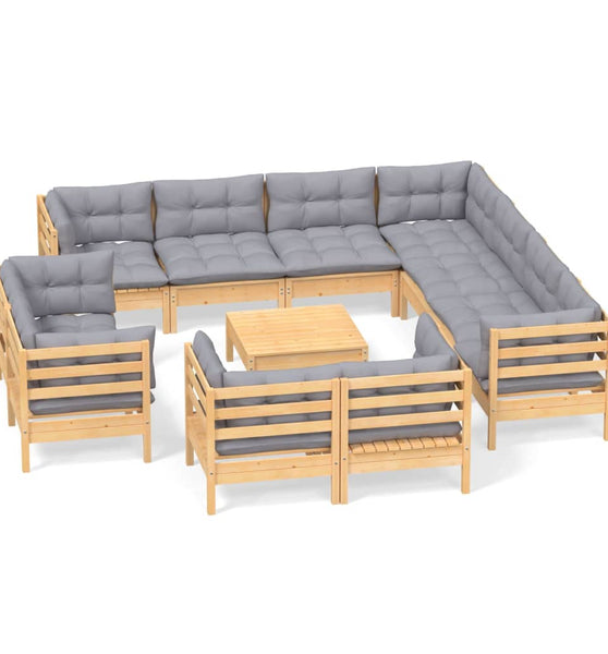 12-tlg. Garten-Lounge-Set mit Grauen Kissen Massivholz Kiefer