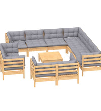 12-tlg. Garten-Lounge-Set mit Grauen Kissen Massivholz Kiefer