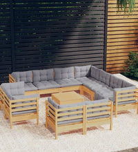 12-tlg. Garten-Lounge-Set mit Grauen Kissen Massivholz Kiefer