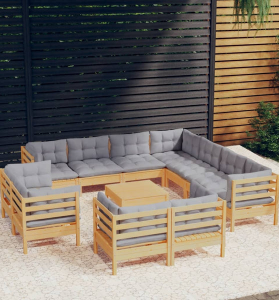 12-tlg. Garten-Lounge-Set mit Grauen Kissen Massivholz Kiefer