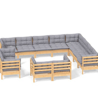 12-tlg. Garten-Lounge-Set mit Grauen Kissen Massivholz Kiefer