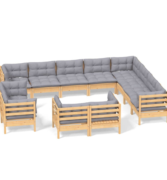12-tlg. Garten-Lounge-Set mit Grauen Kissen Massivholz Kiefer