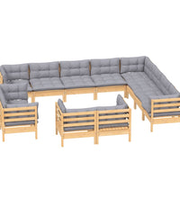 12-tlg. Garten-Lounge-Set mit Grauen Kissen Massivholz Kiefer