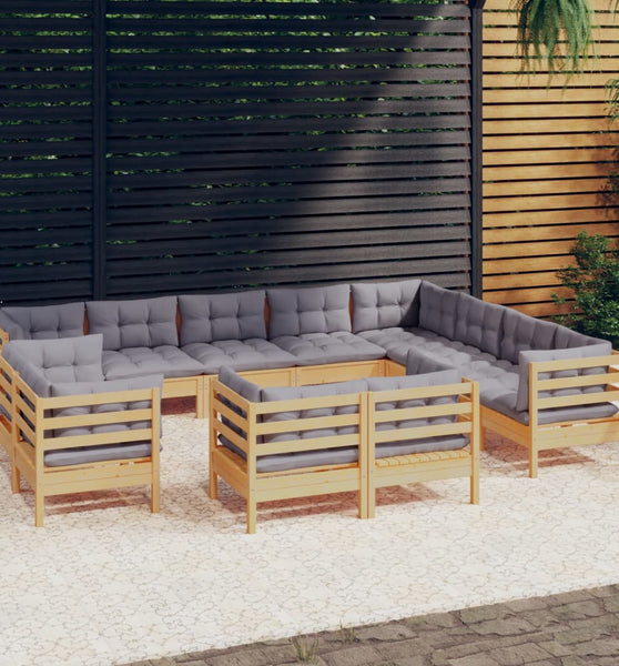 12-tlg. Garten-Lounge-Set mit Grauen Kissen Massivholz Kiefer