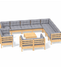 13-tlg. Garten-Lounge-Set mit Grauen Kissen Massivholz Kiefer